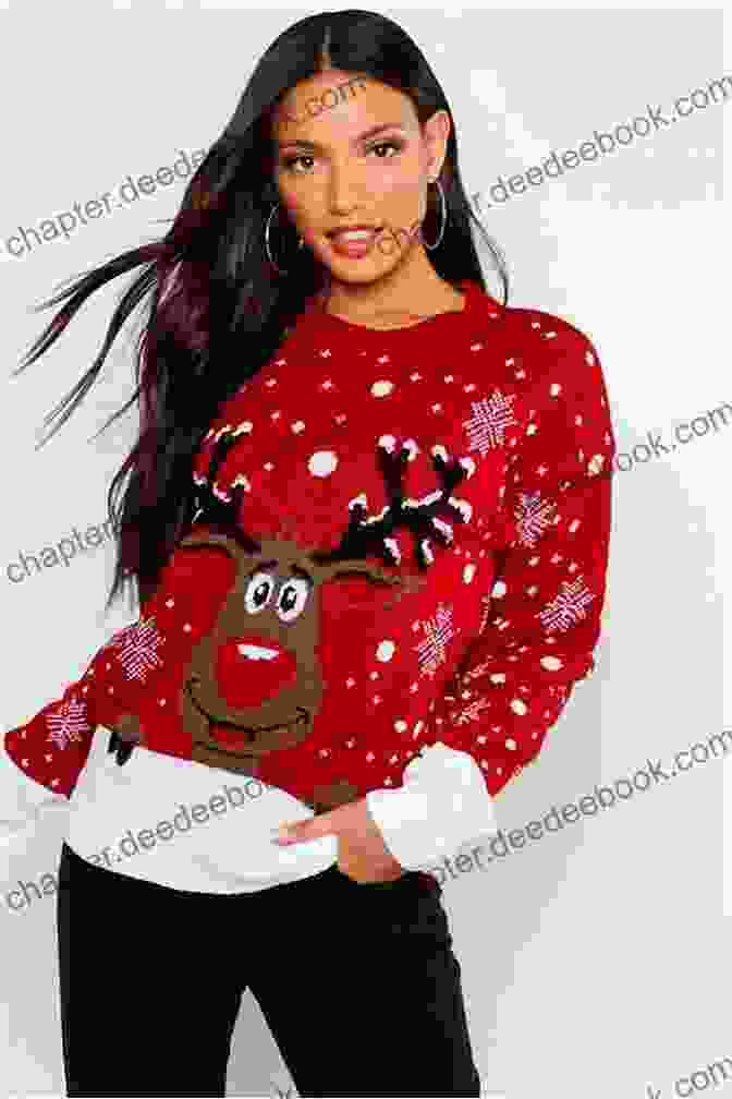 A Woman Wearing A Knitted Christmas Sweater With A Reindeer On It Merry Christmas Sweaters To Knit